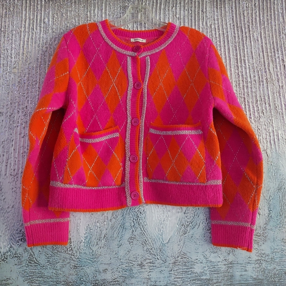 Sunday Up Pink and Orange Argyle Women's Sweater Cardigan Sz-S